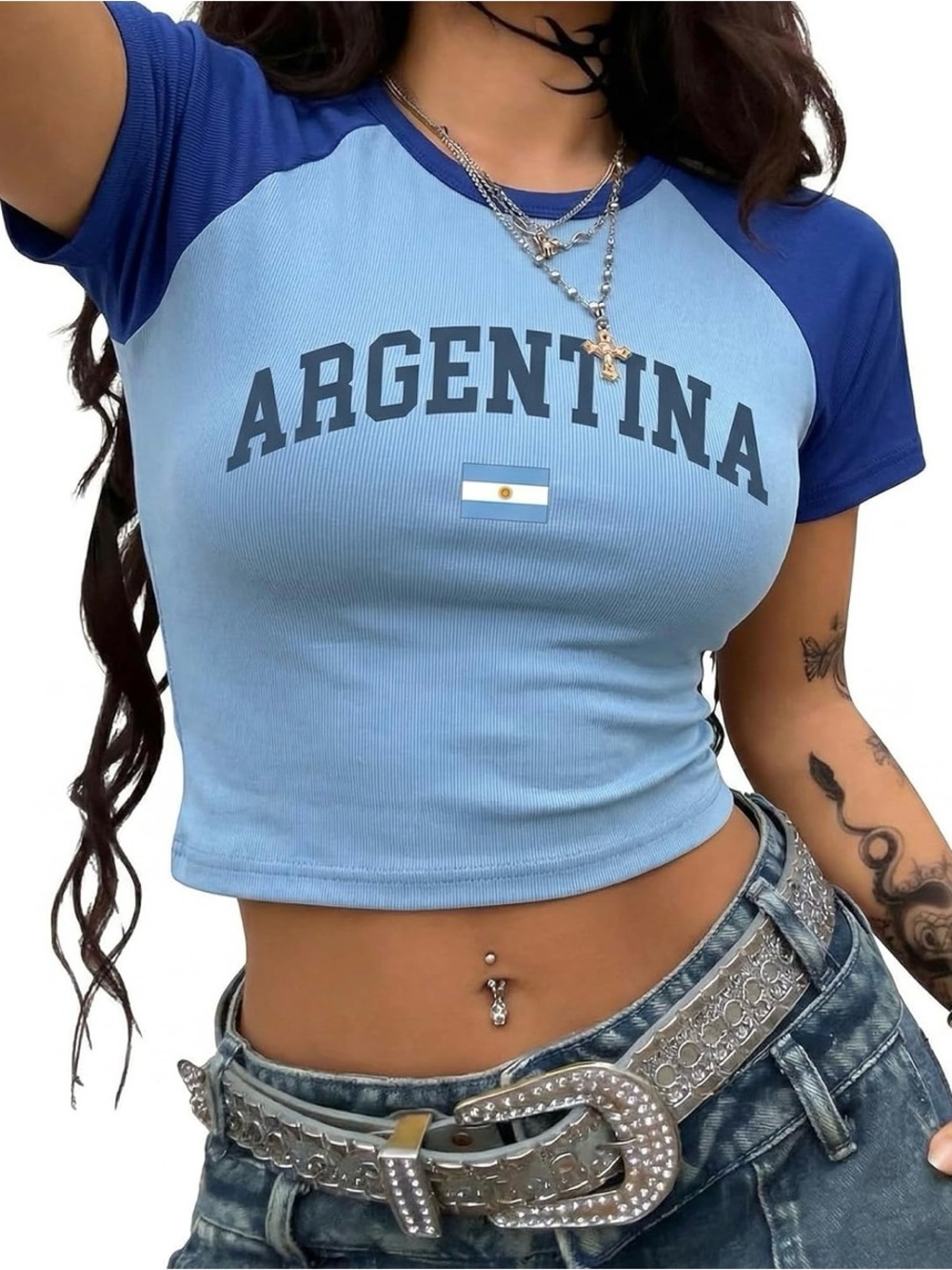 Argentina Blue Women’s Jersey Graphic Crop Top Y2K Blue Size Small - Picture 1 of 8